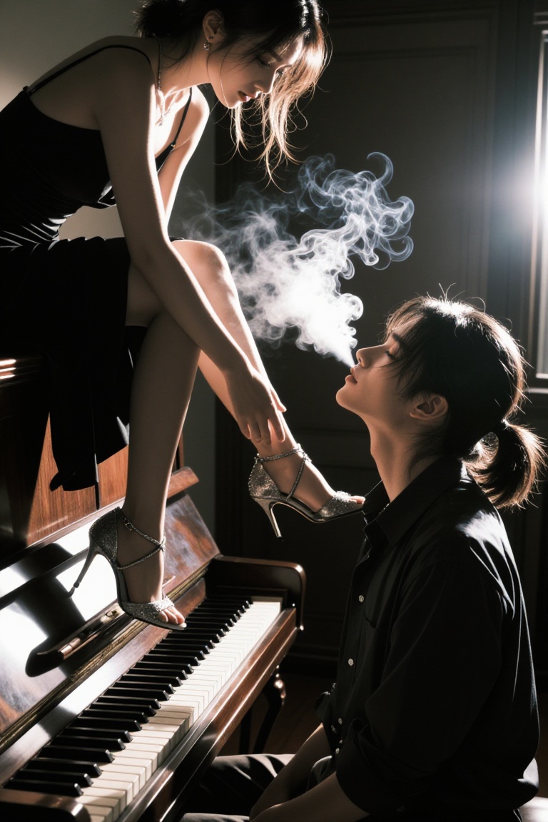 Subjects & Appearance: Two people in a dimly lit room. One person,  a woman,  is wearing a black dress and sparkling silve...