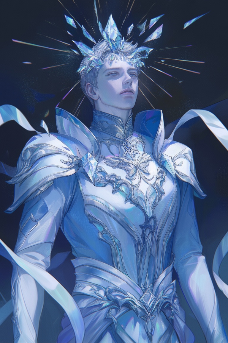 ji11y,  1boy,  celestial duelist wrapped in white-blue armor with long ribbon tails on Tensor.Art