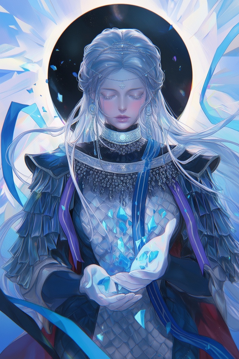 ji11y,  1girl,  silver-haired moon attendant in layered ceremonial armor and silk ribbons on Tensor.Art