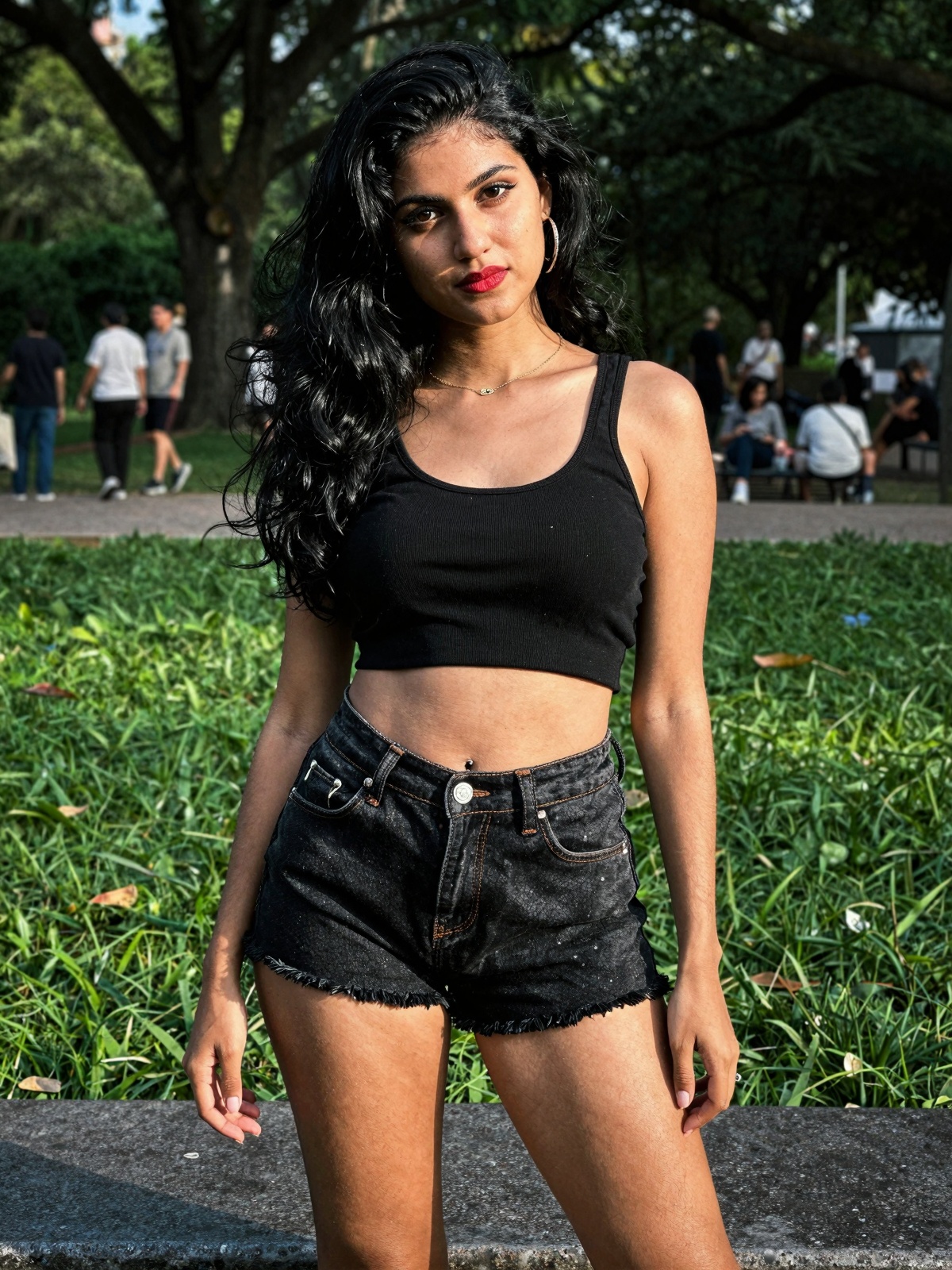 gorgeous random woman in random outfit posing for a sensual photography session at a local park,  Mobile photography,  sho...