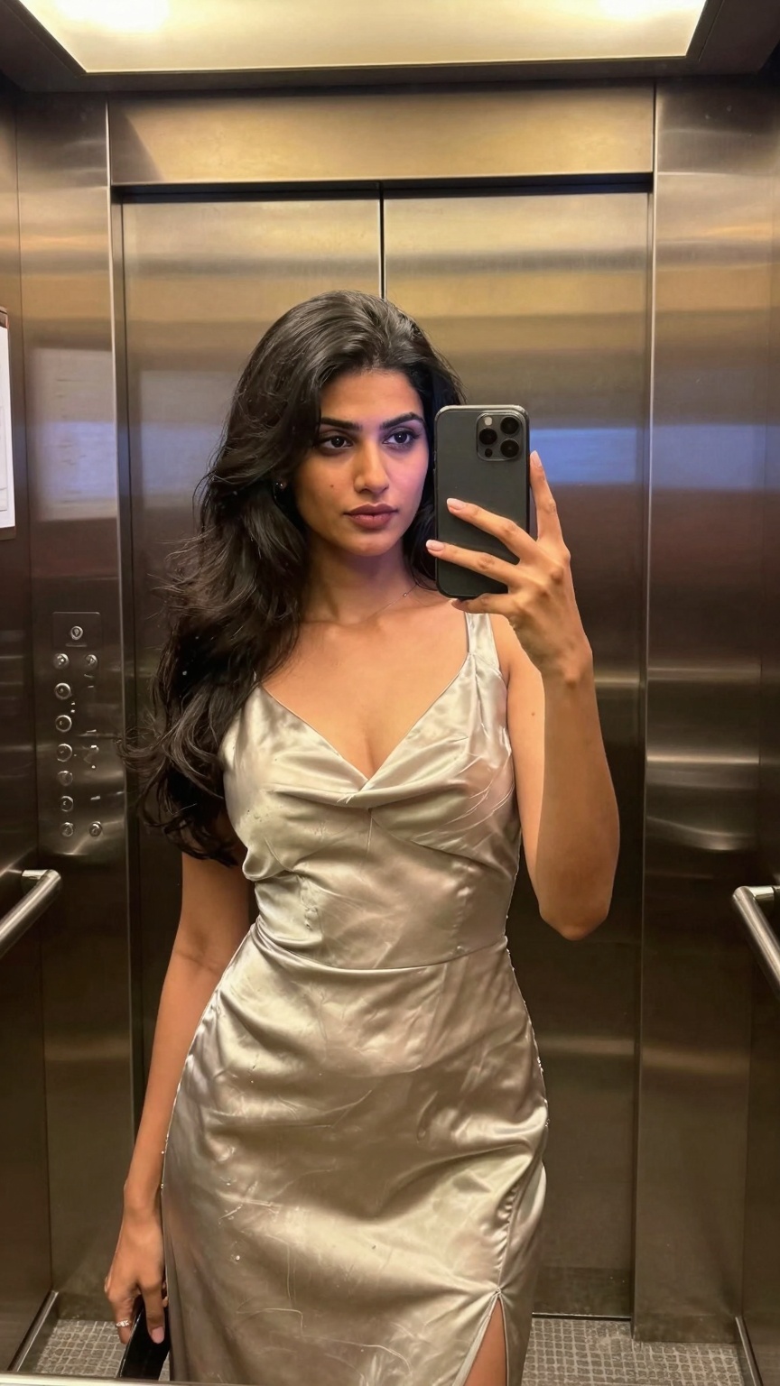 Ultra-realistic elevator selfie mobile photography of a glamorous South Asian woman inside a luxury hotel elevator,  weari...