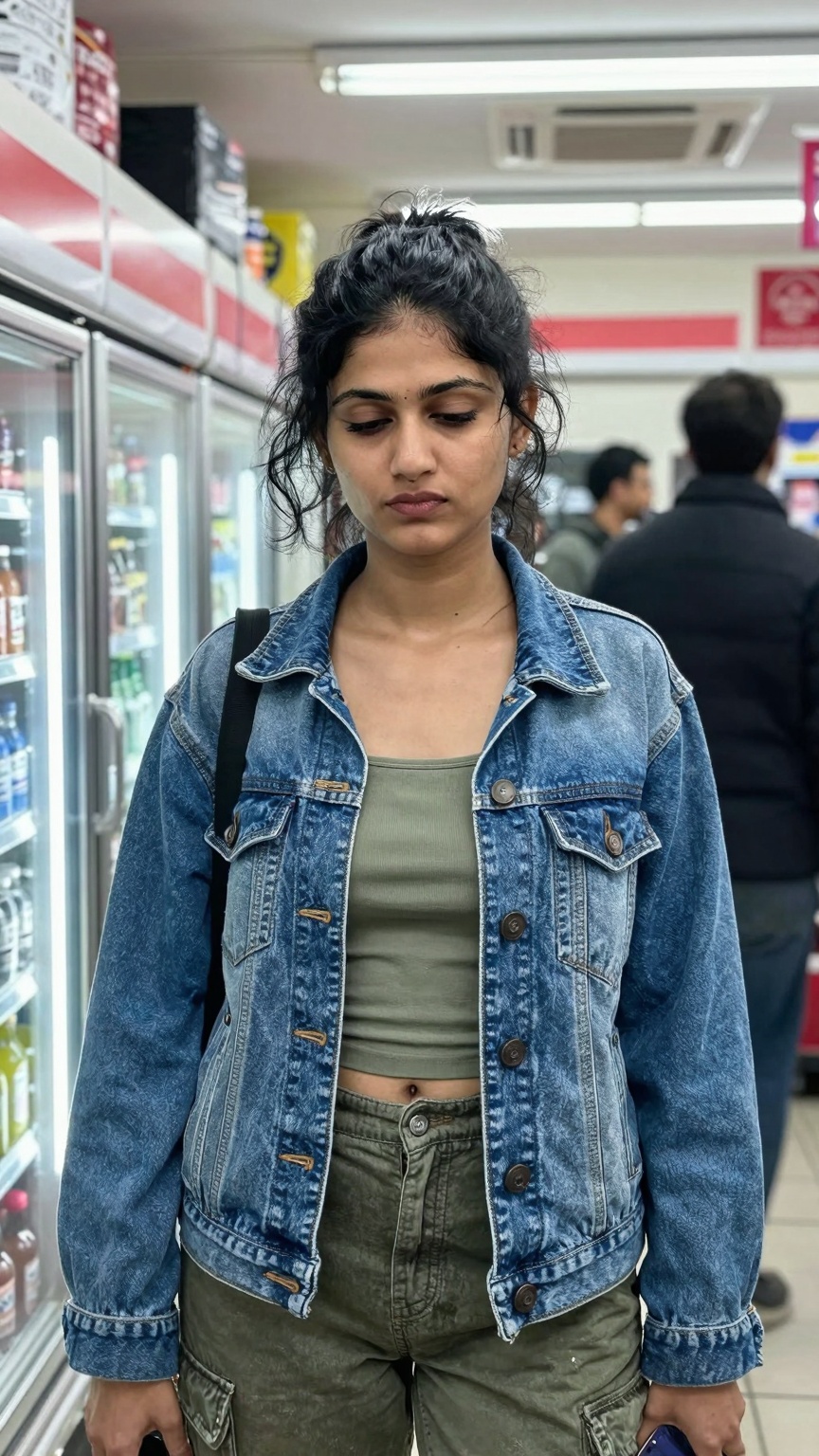 Ultra-realistic mobile phone photography of a South Asian woman inside a brightly lit late-night convenience store,  weari...