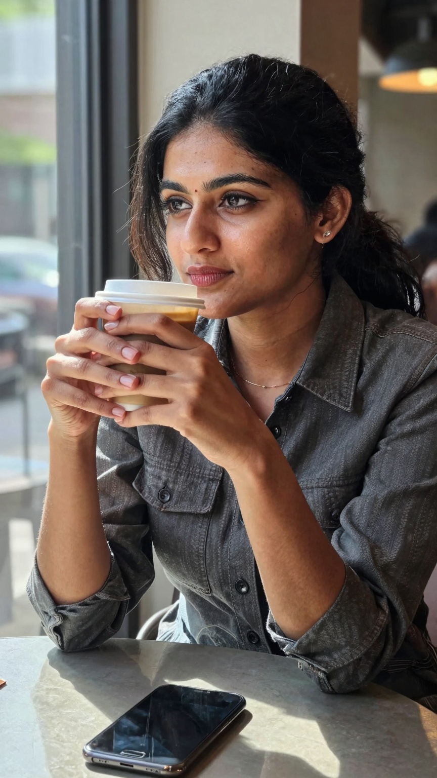 Ultra-realistic mobile photography of a stylish South Asian woman sitting inside a modern cafe,  shot on Xiaomi flagship s...