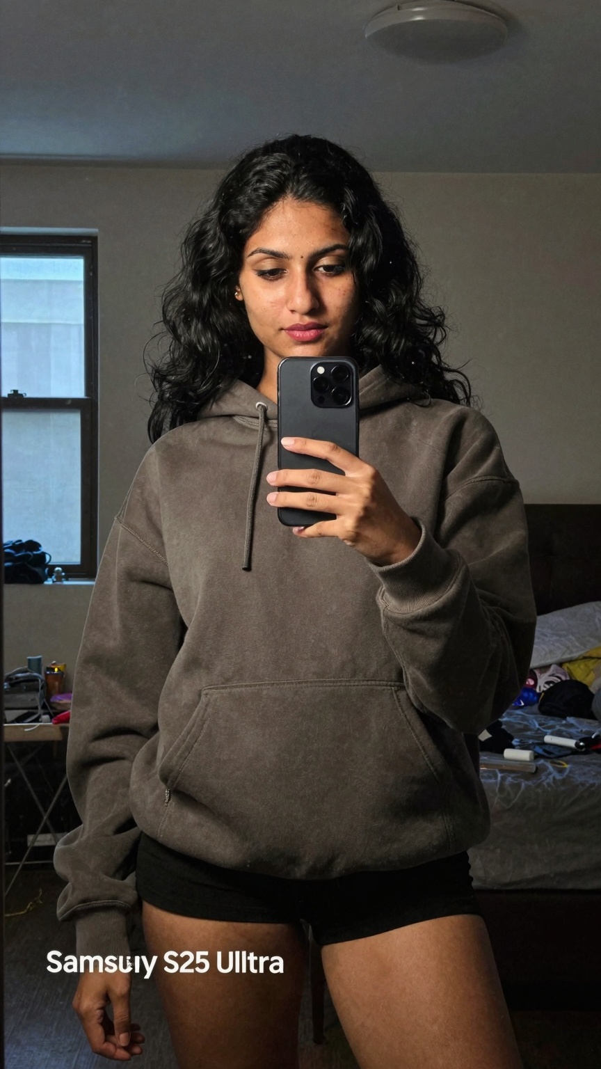 Ultra-realistic mirror selfie mobile photography of a South Asian woman inside a dim apartment bedroom,  shot on Samsung G...