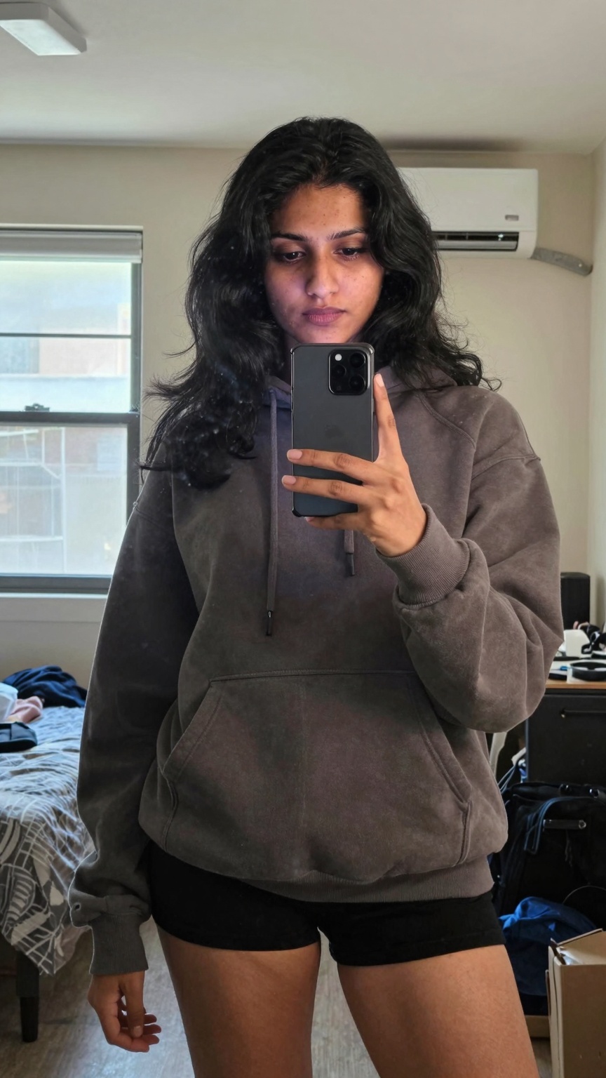 Ultra-realistic mirror selfie mobile photography of a South Asian woman inside a dim apartment bedroom,  shot on Samsung G...
