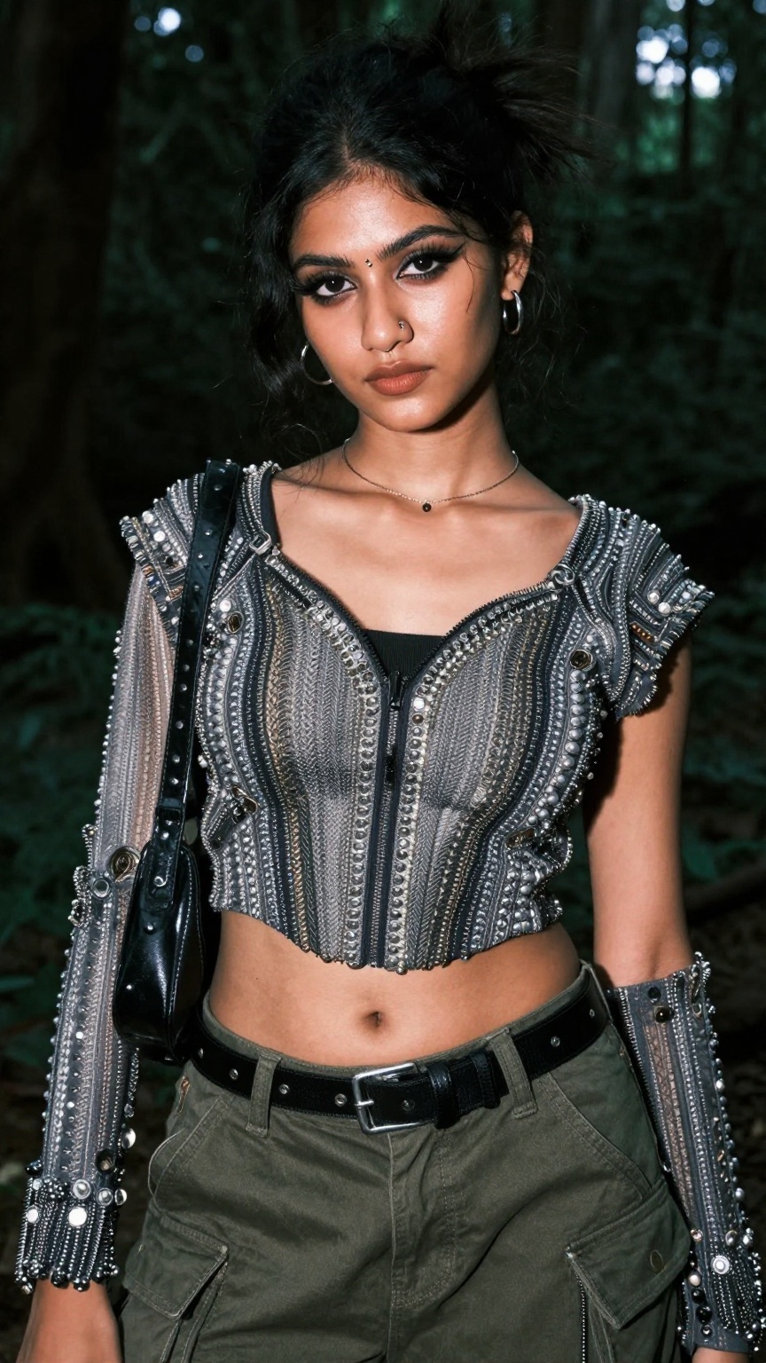 Create a Y2K style fashion photograph of a Kerala woman in a dark forest setting. She wears a jumb suit,  emphasizing extr...