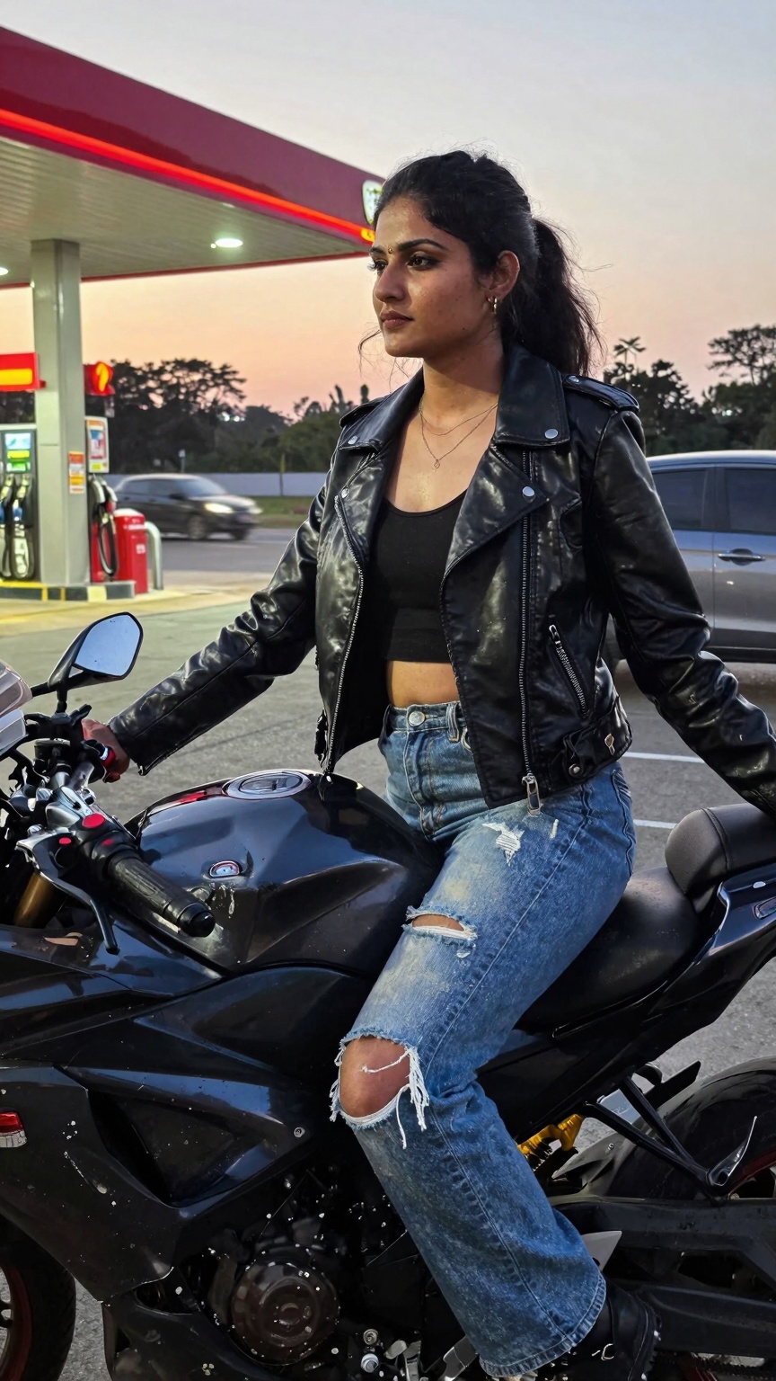 Ultra-realistic smartphone photography of a South Asian woman sitting on a sports motorcycle beside a highway fuel station...