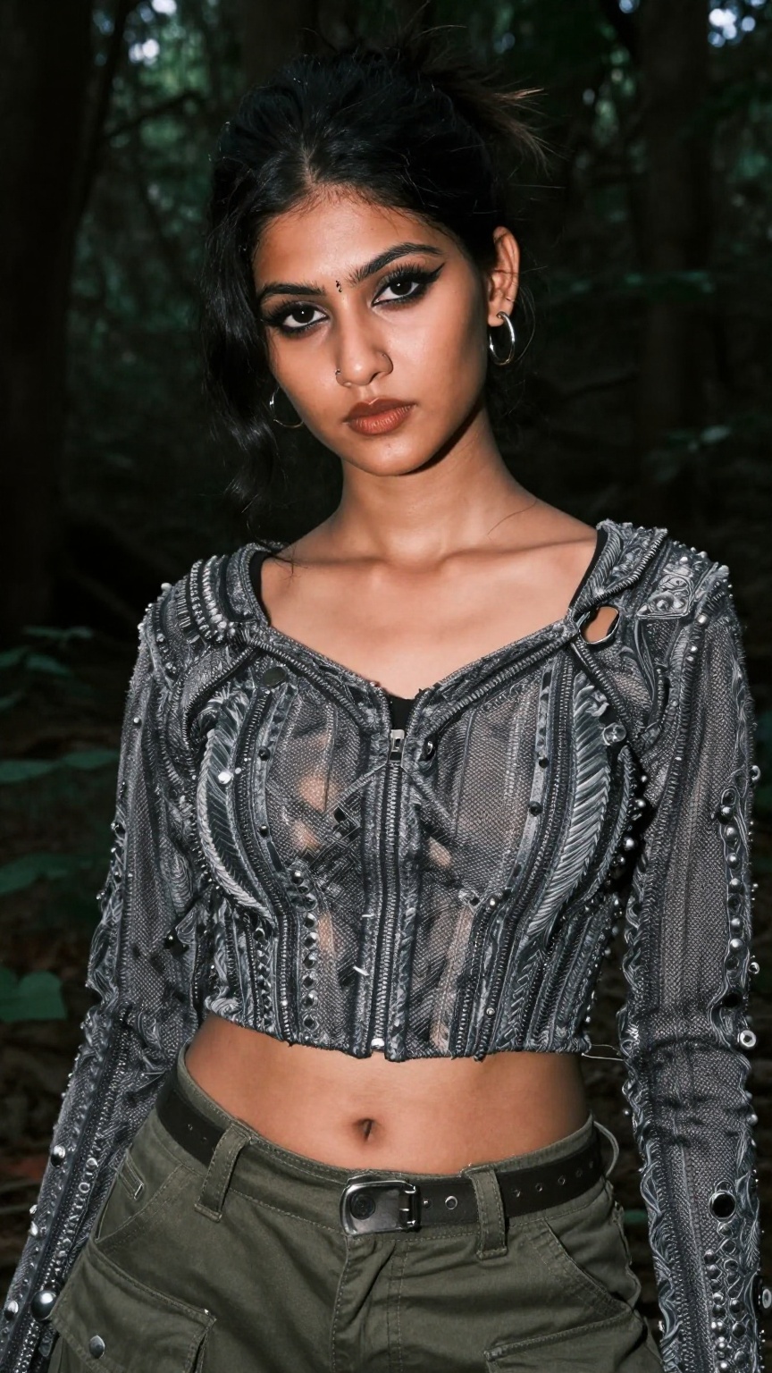 Create a Y2K style fashion photograph of a Kerala woman in a dark forest setting. She wears a jumb suit,  emphasizing extr...