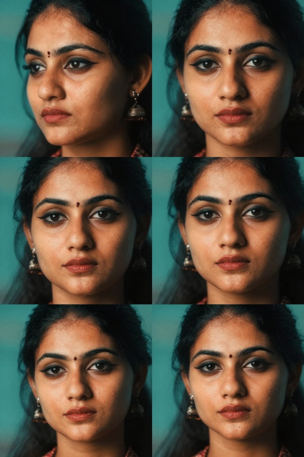 Create four close-up shots of a South Asian woman’s face,  focusing on four distinct angles: side,  front on Tensor.Art