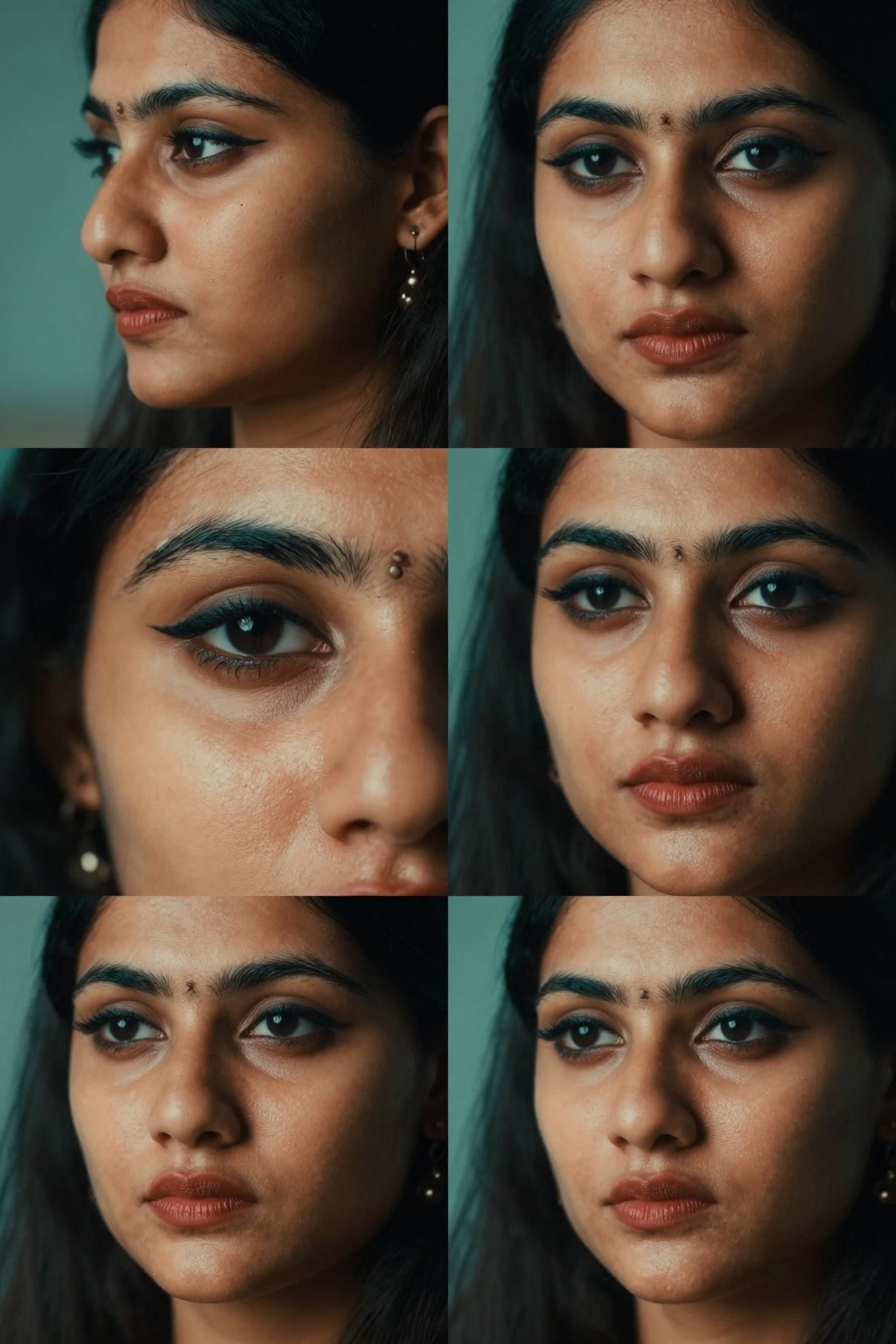 Create four close-up shots of a South Asian woman's face,  focusing on four distinct angles: side,  front on Tensor.Art