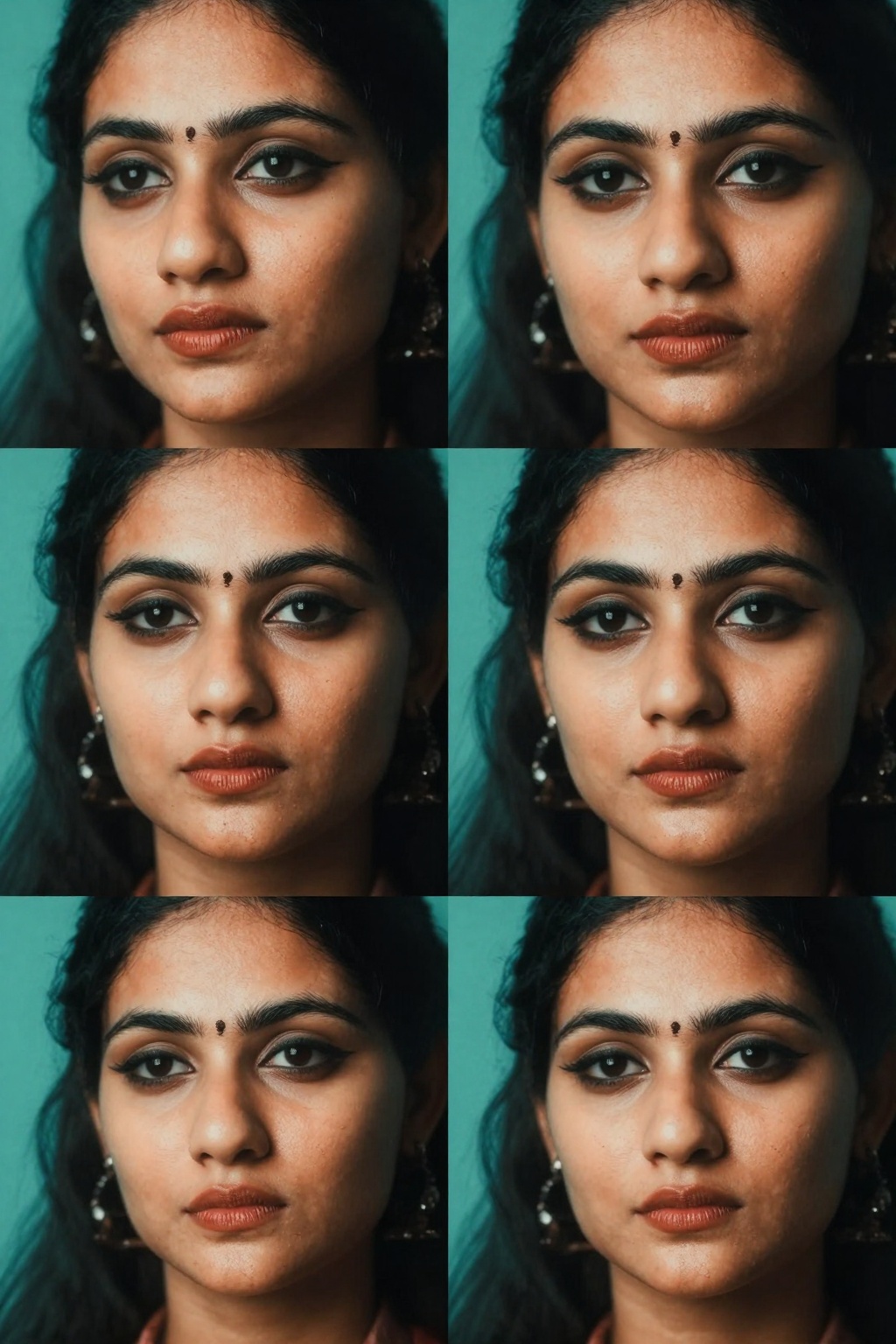 Create four close-up shots of a South Asian woman’s face,  focusing on four distinct angles: side,  front on Tensor.Art