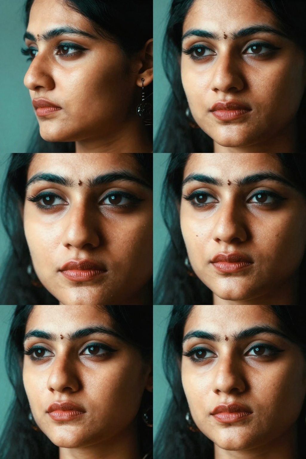 Create four close-up shots of a South Asian woman's face,  focusing on four distinct angles: side,  front on Tensor.Art