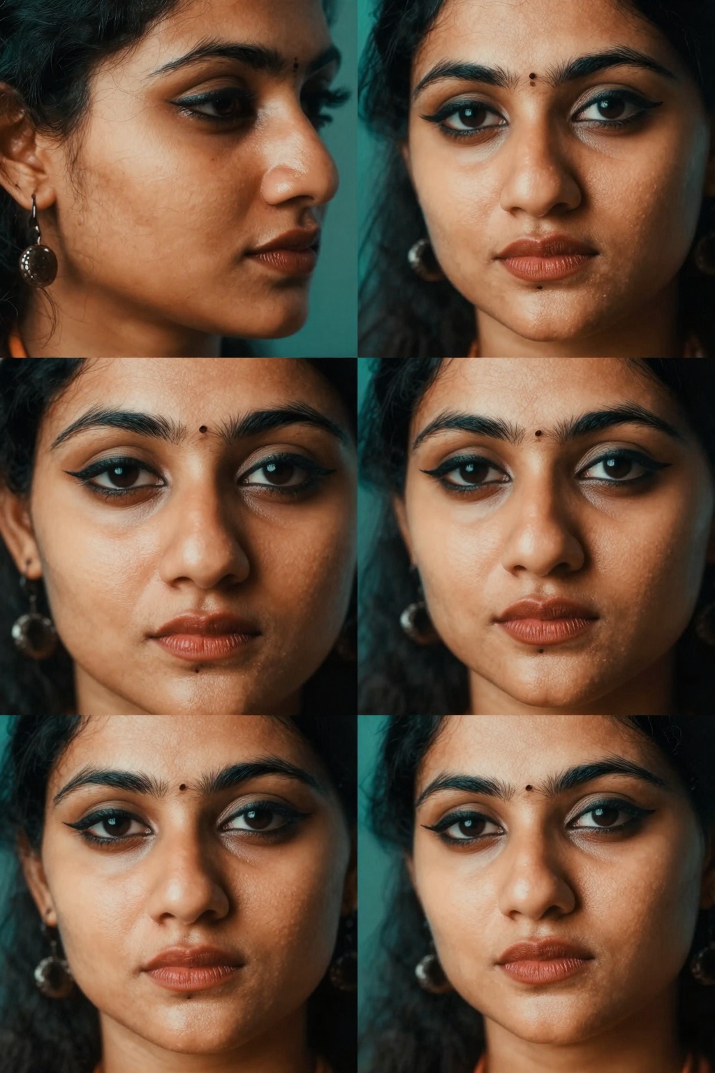 Create four close-up shots of a South Asian woman's face,  focusing on four distinct angles: side,  front on Tensor.Art