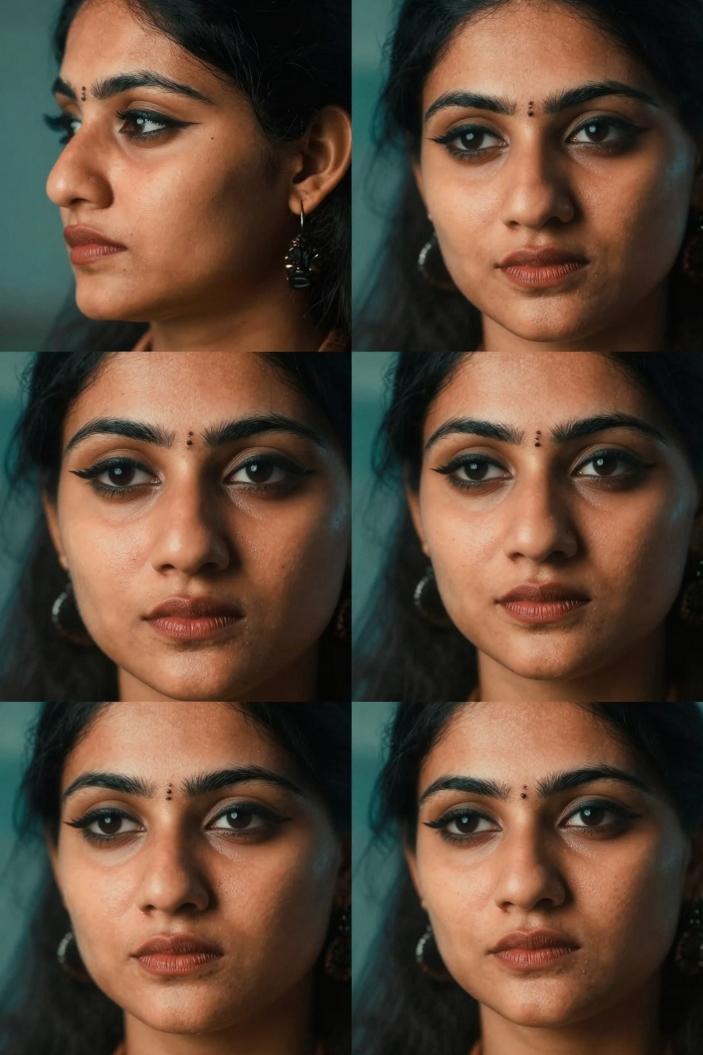 Create four close-up shots of a South Asian woman's face,  focusing on four distinct angles: side,  front on Tensor.Art
