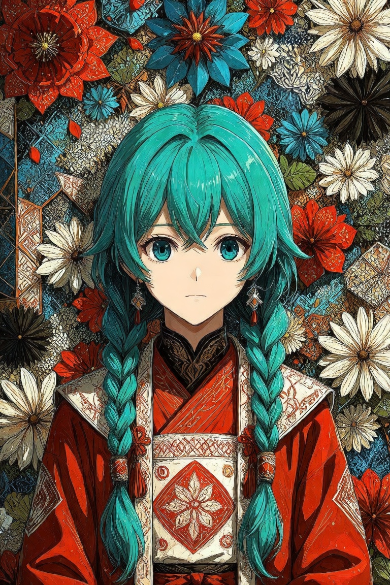 The image features a stylized illustration of a character with turquoise hair styled in two braids. The character is weari...