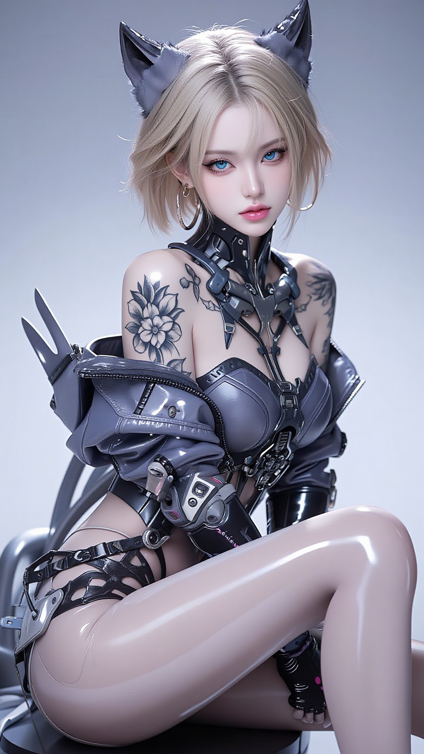 a striking,  edgy blonde woman with a punk/goth aesthetic. She has vibrant,  bright blue eyes contrasting with dramatic on...