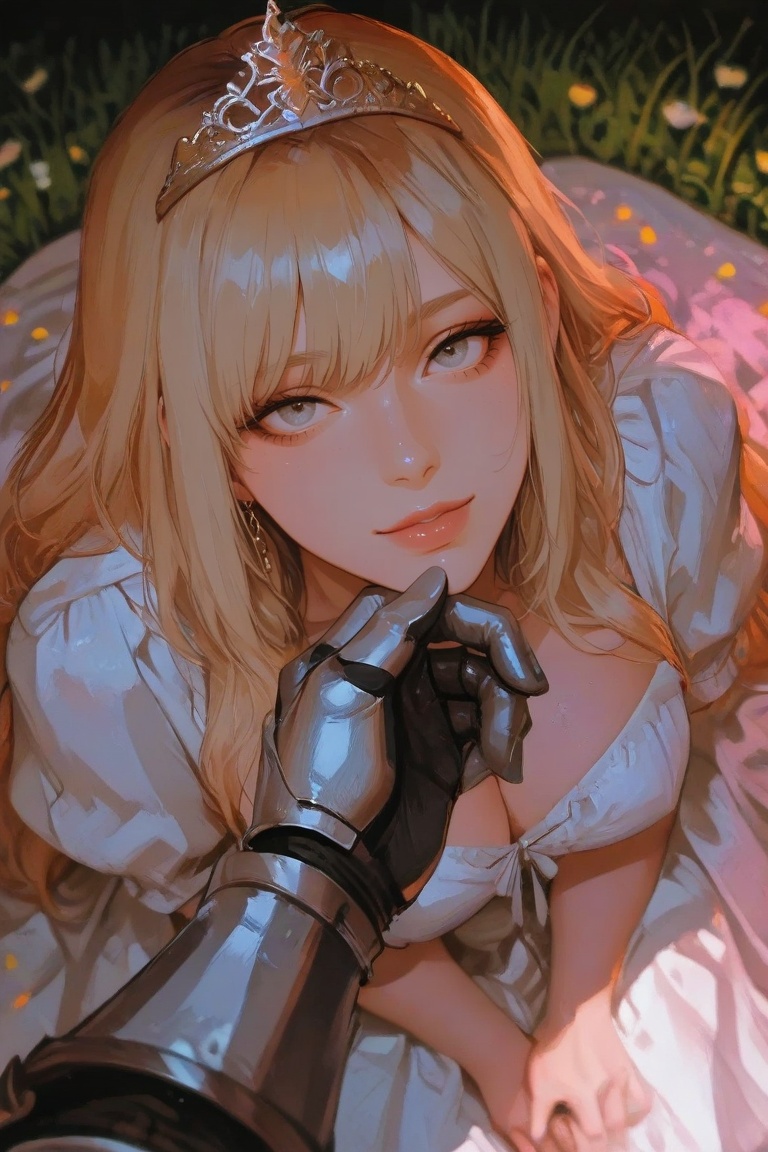 First-person perspective — the viewer is the knight. The beautiful princess sits before us in a glowing,  rainbow-lit mead...
