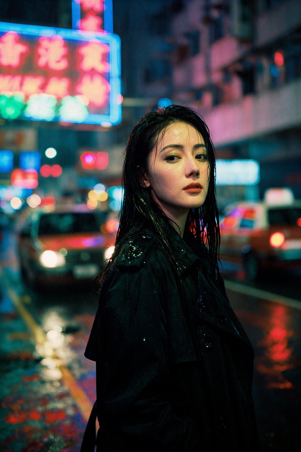雨夜的香港街头,  年轻东方女性,  穿着黑色风衣 by SUNSHINE on Tensor.Art