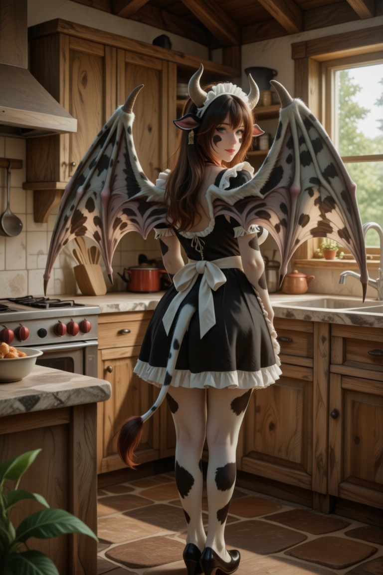 Bovara,  dressed in a maid dress,  stands inside a rustic kitchen. The kitchen is adorned with natural wood and stone coun...