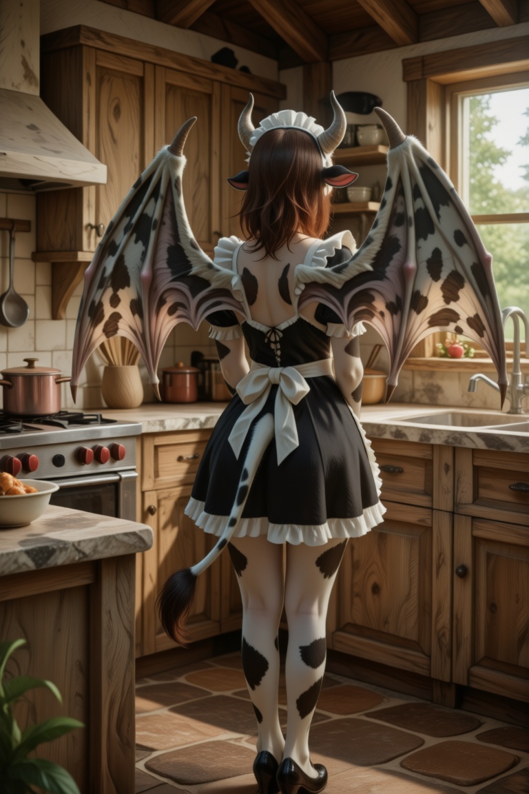 Bovara,  dressed in a maid dress,  stands inside a rustic kitchen. The kitchen is adorned with natural wood and stone coun...