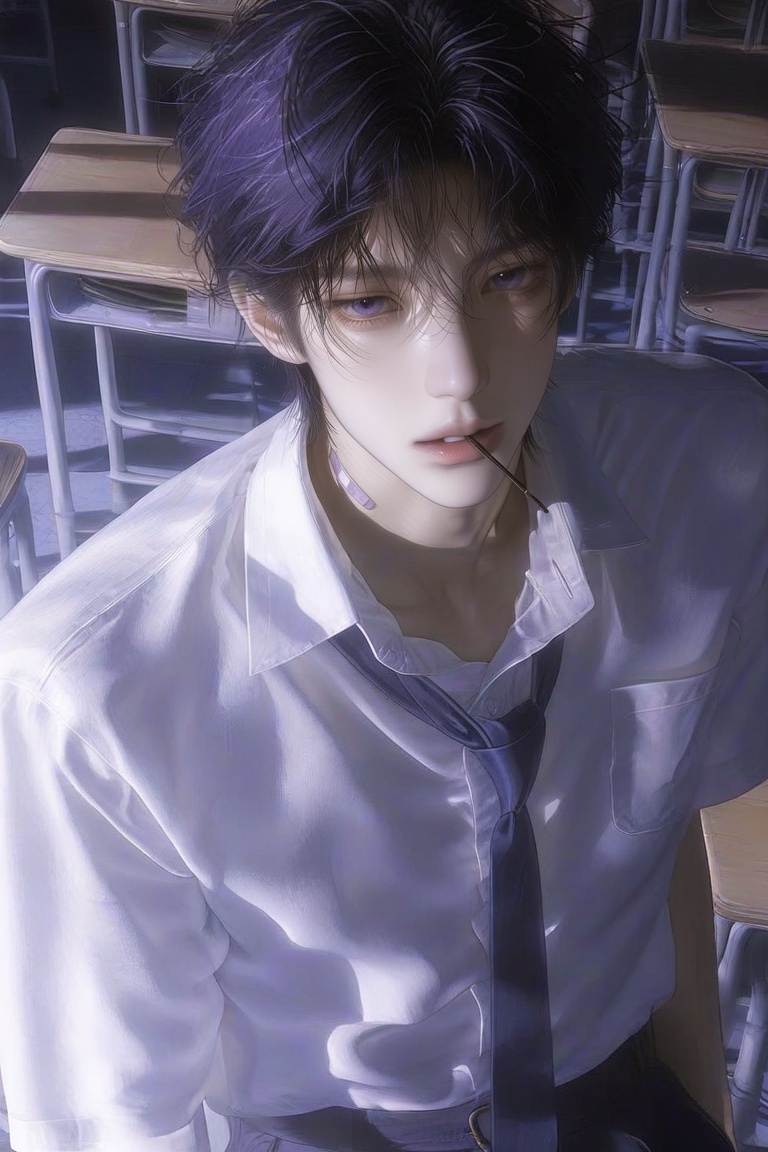 A detailed digital painting features a young man with disheveled dark hair and pale skin,  looking directly at the viewer....