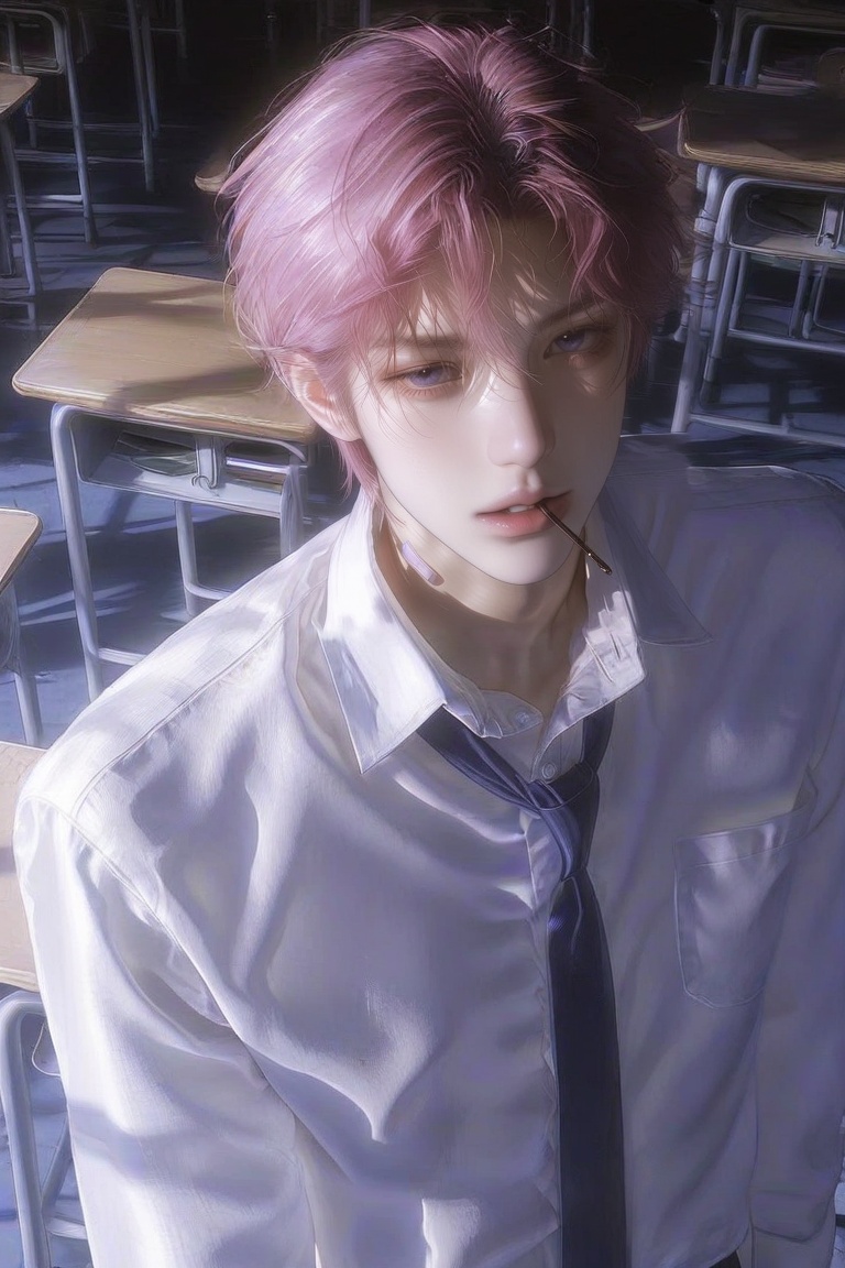 A detailed digital painting features a young man with pink hair and pale skin,  looking directly at the viewer. His hair h...