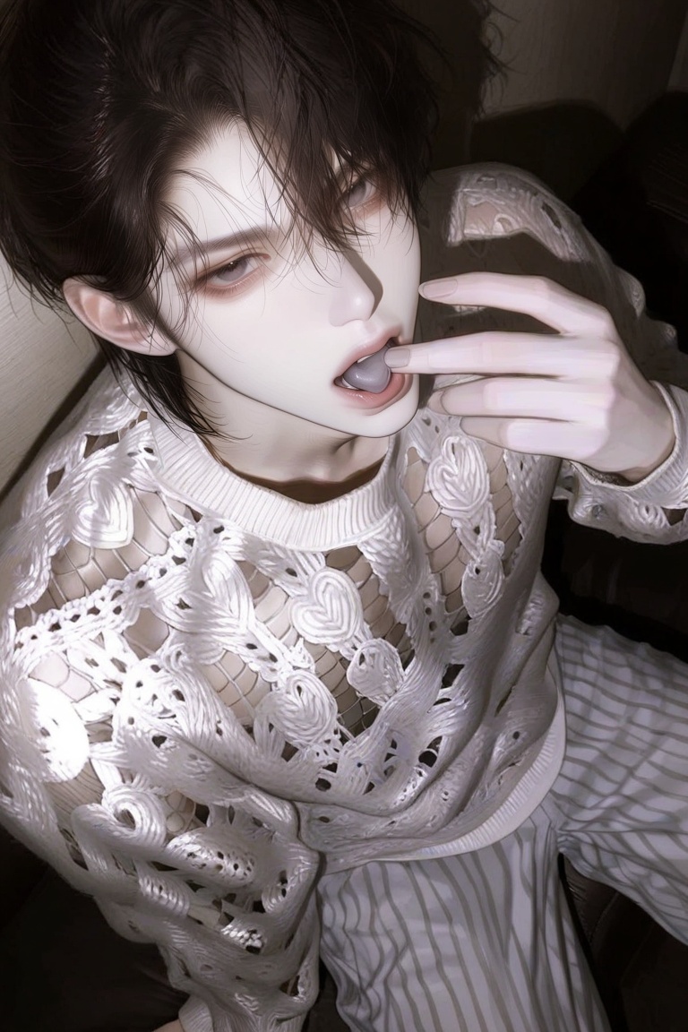 A detailed digital illustration depicts a young man with dark,  damp-looking hair and very pale skin in a high-angle,  clo...