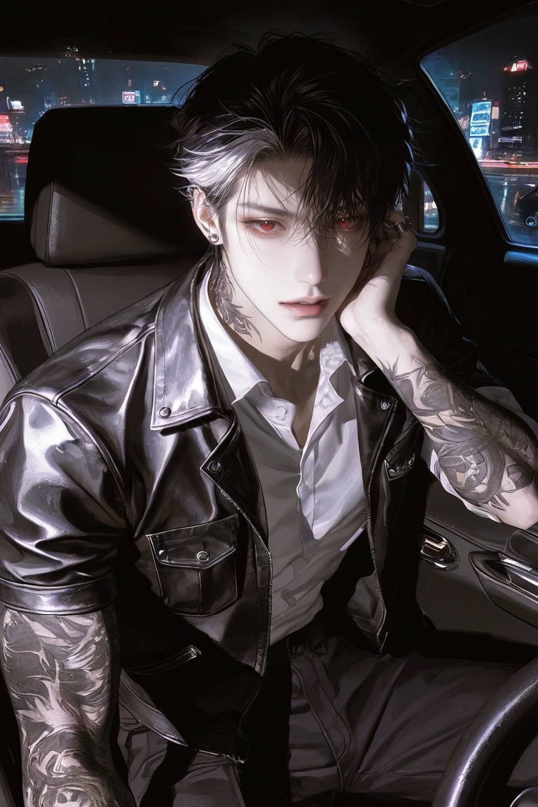 Cinematic close-up portrait of a bad boy male character,  rebellious and playful attitude mischievous expression,  red eye...