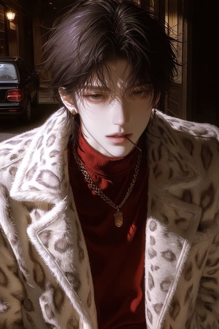 This digital illustration depicts a stylish young man with pale skin and disheveled dark hair. He wears a heavy,  black-an...