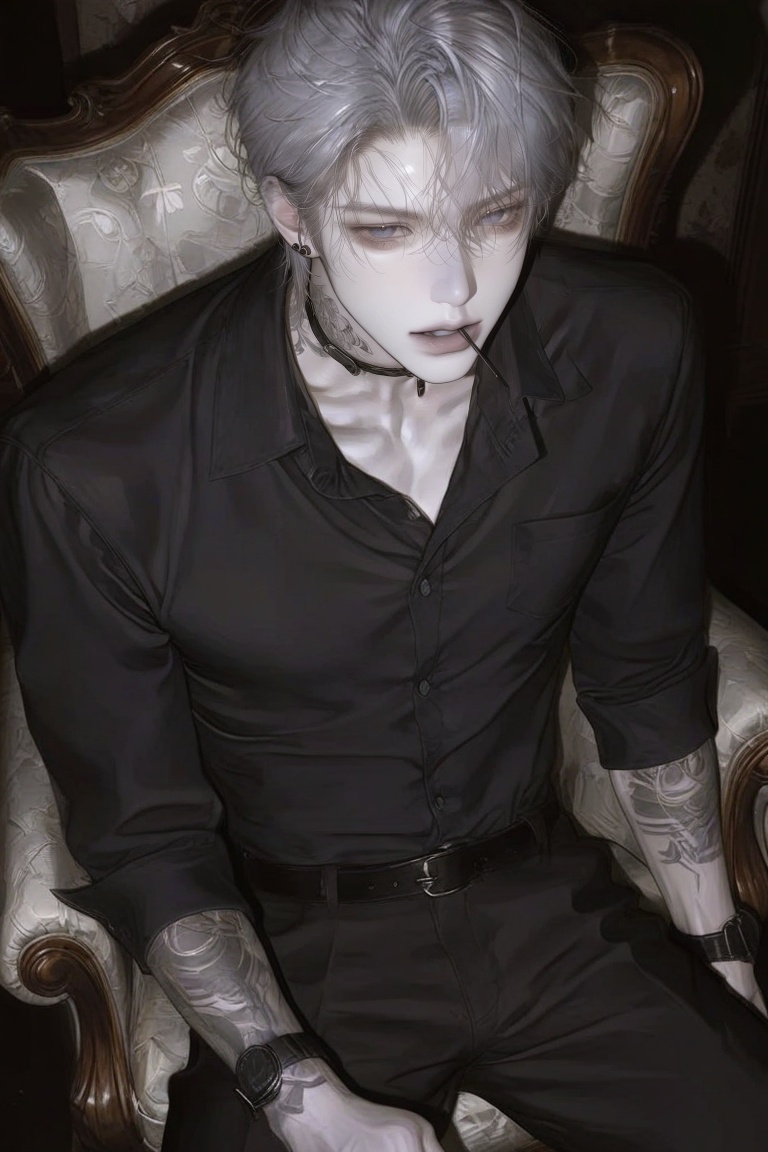 A young man with messy silver hair and pale skin sits in a dark,  high-backed chair. He wears a partially unbuttoned black...