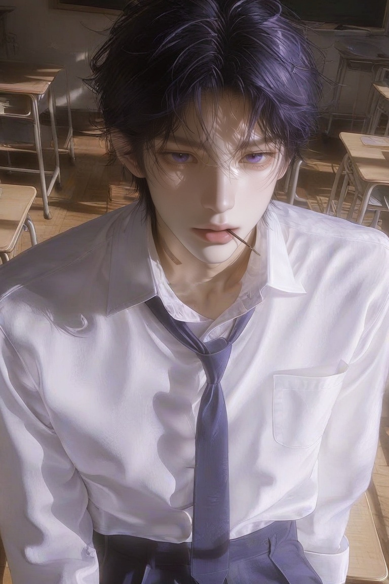 A detailed digital painting features a young man with disheveled dark hair and pale skin,  looking directly at the viewer....