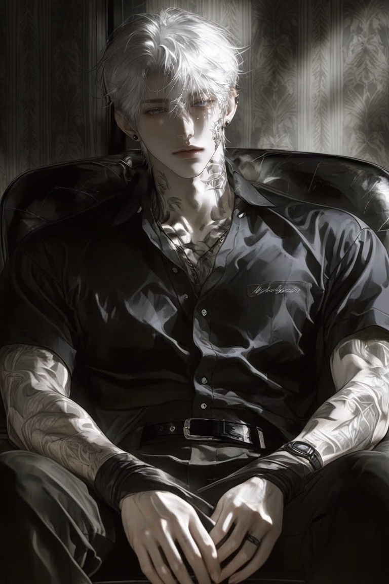 A young man with messy white hair and pale skin sits in a dark,  high-backed chair. He wears a partially unbuttoned black...