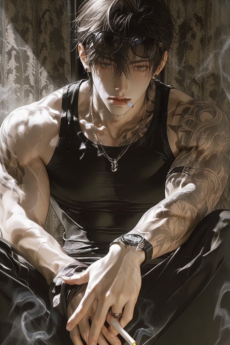 A digital illustration portrays a young man with sharp facial features and dark,  swept-back hair styled with wet strands....