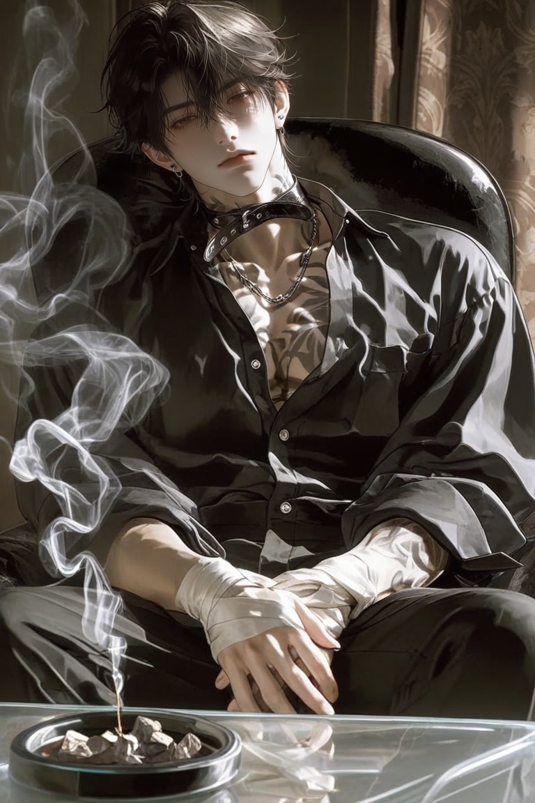 A stylized digital illustration portrays a pale young man with messy dark hair sitting in a dark,  high-backed chair. He w...