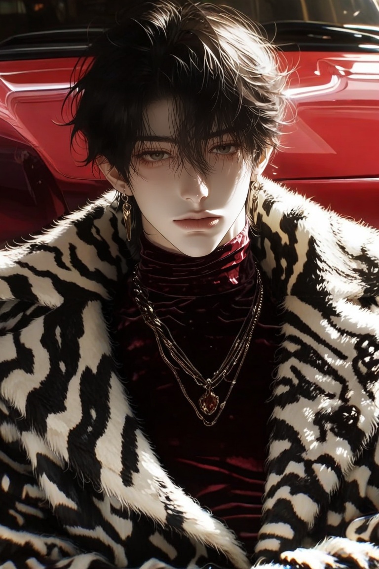 This digital illustration depicts a stylish young man with pale skin and disheveled dark hair. He wears a heavy,  black-an...