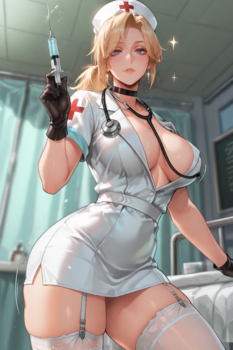 The image depicts a stunning blonde woman,  dressed in a provocative nurse's uniform,  complete with a red cross on her ha...