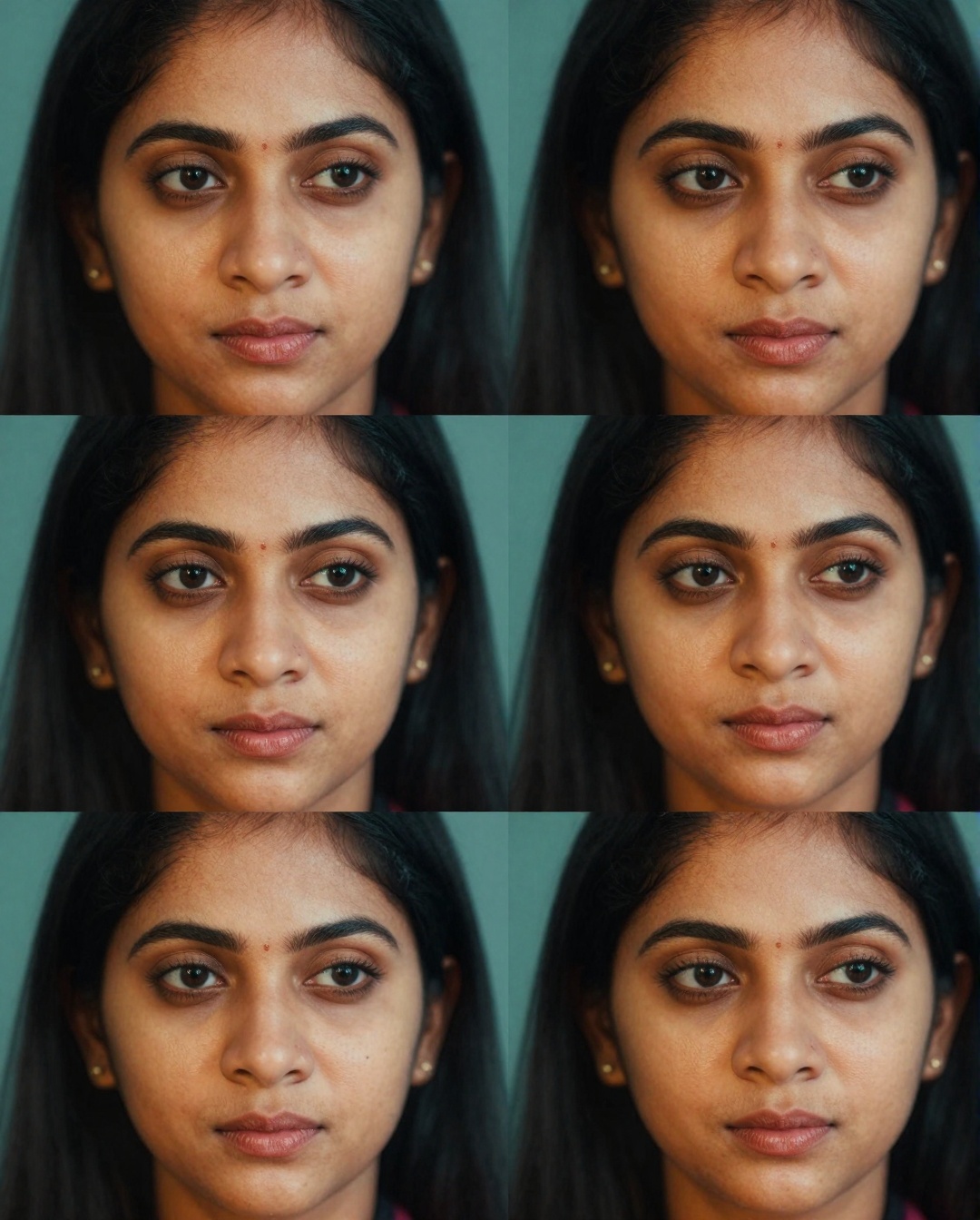 Create multiple close-up shots of a South Asian woman's face,  focusing on four distinct angles. Use extreme realism to ca...