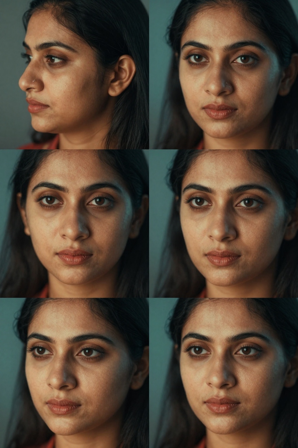 Create four close-up shots of a South Asian woman's face,  focusing on four distinct angles: side,  front on Tensor.Art