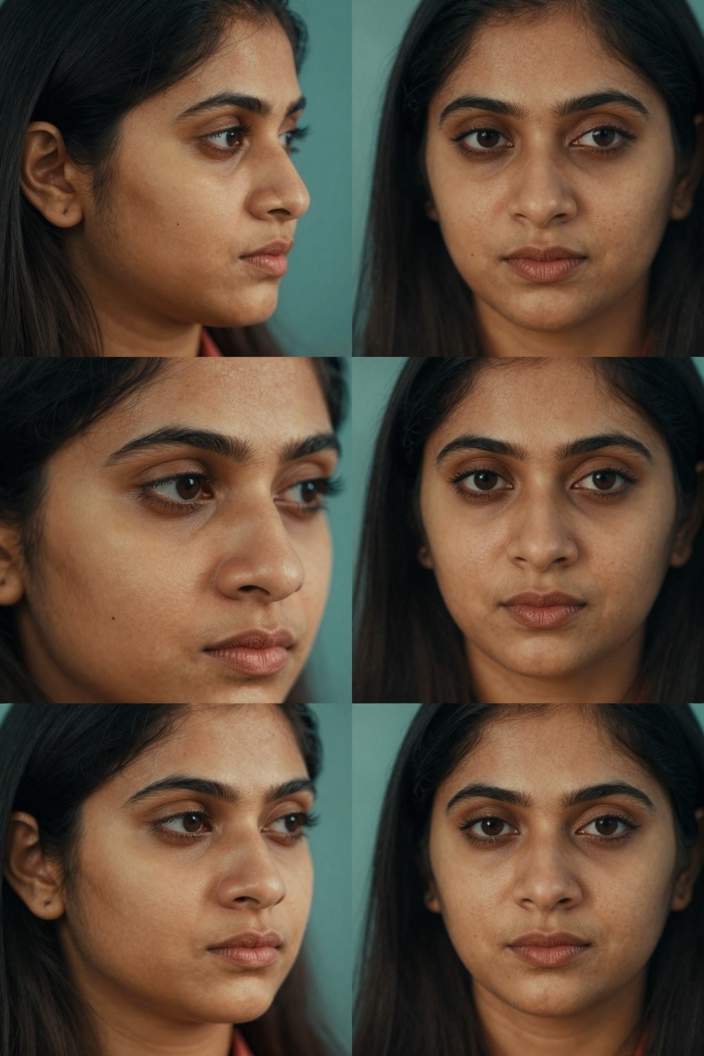 Create four close-up shots of a South Asian woman's face,  focusing on four distinct angles: side,  front on Tensor.Art