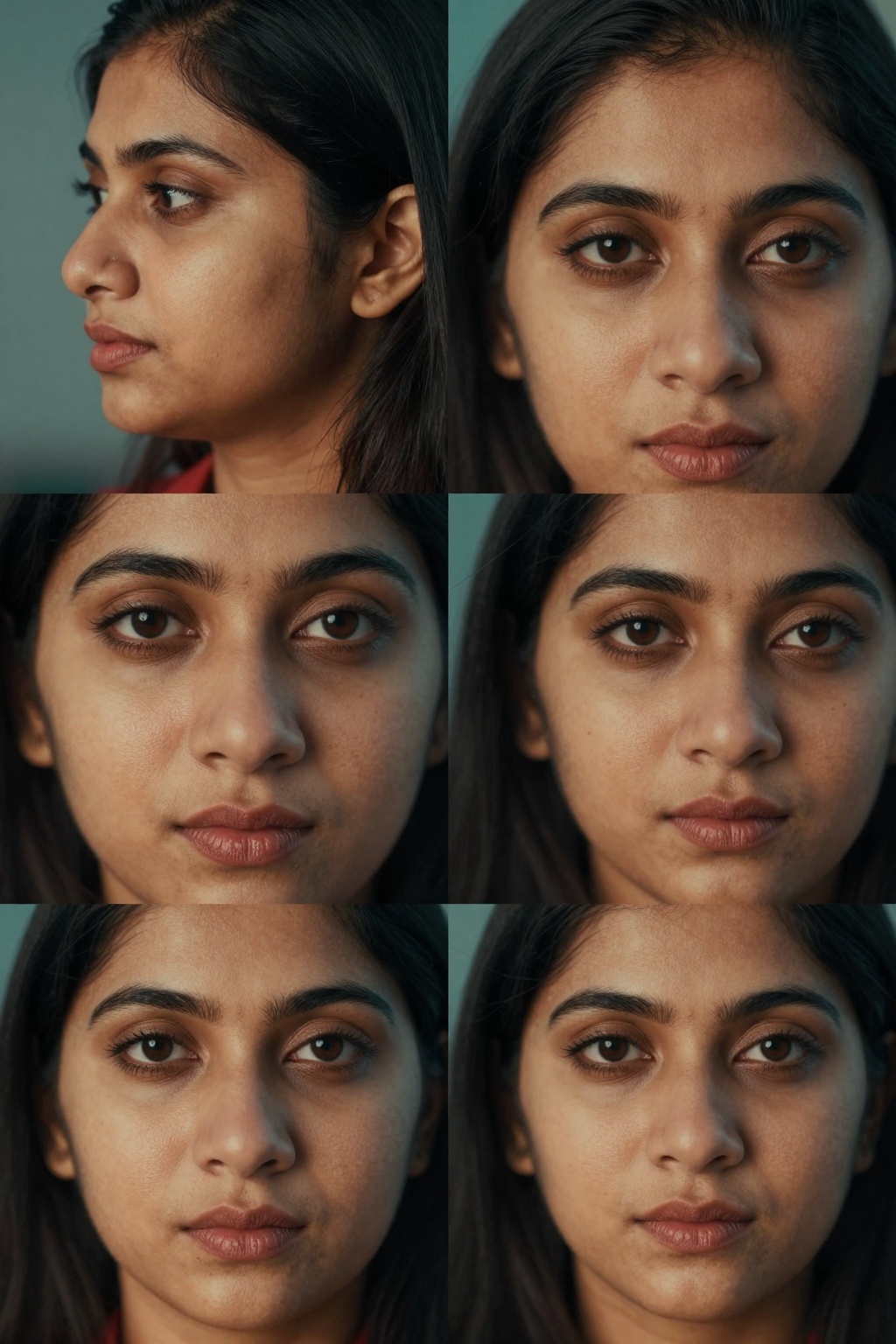 Create four close-up shots of a South Asian woman's face,  focusing on four distinct angles: side,  front on Tensor.Art