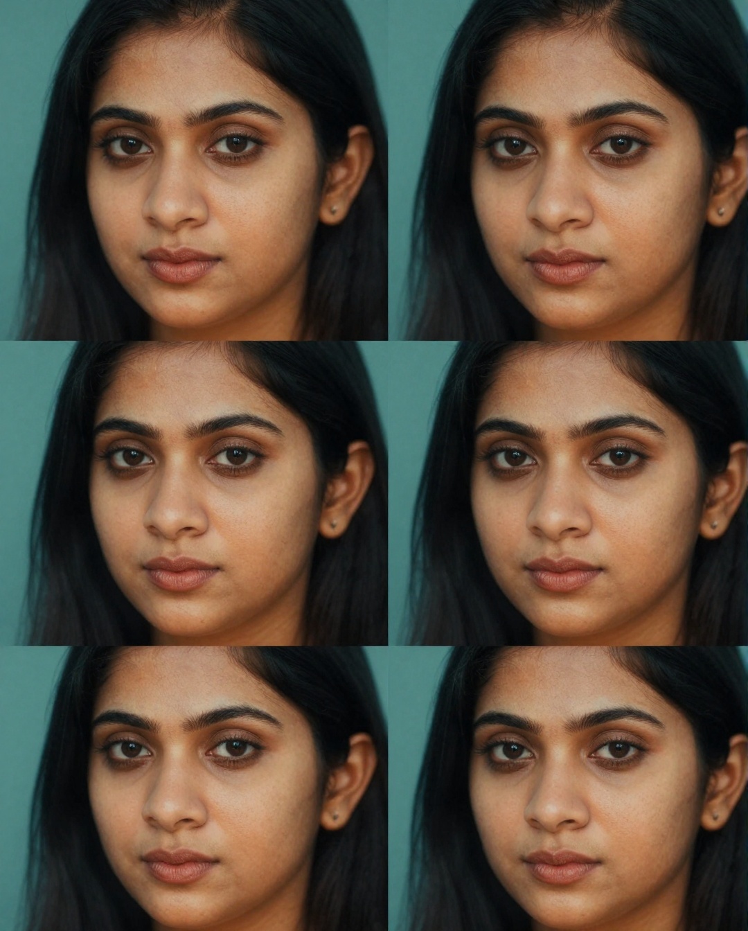 Create multiple close-up shots of a South Asian woman's face,  focusing on four distinct angles. Use extreme realism to ca...