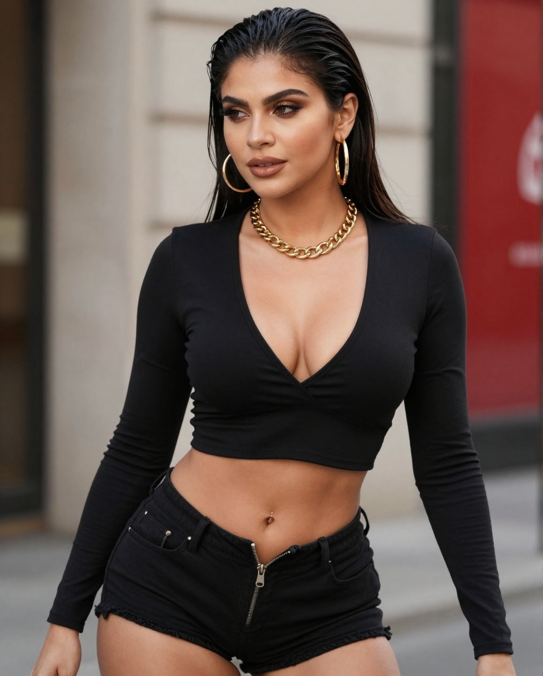 Photograph of a woman with light fair skin and dark,  slicked-back hair,  wearing a black on Tensor.Art