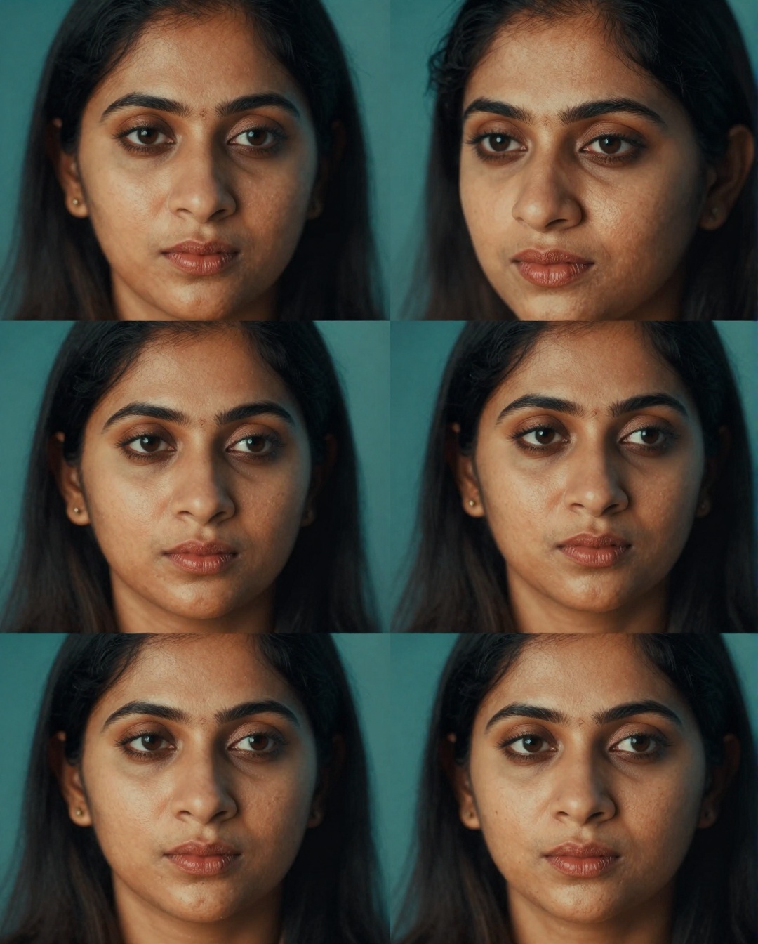 Create multiple close-up shots of a South Asian woman's face,  focusing on four distinct angles. Use extreme realism to ca...
