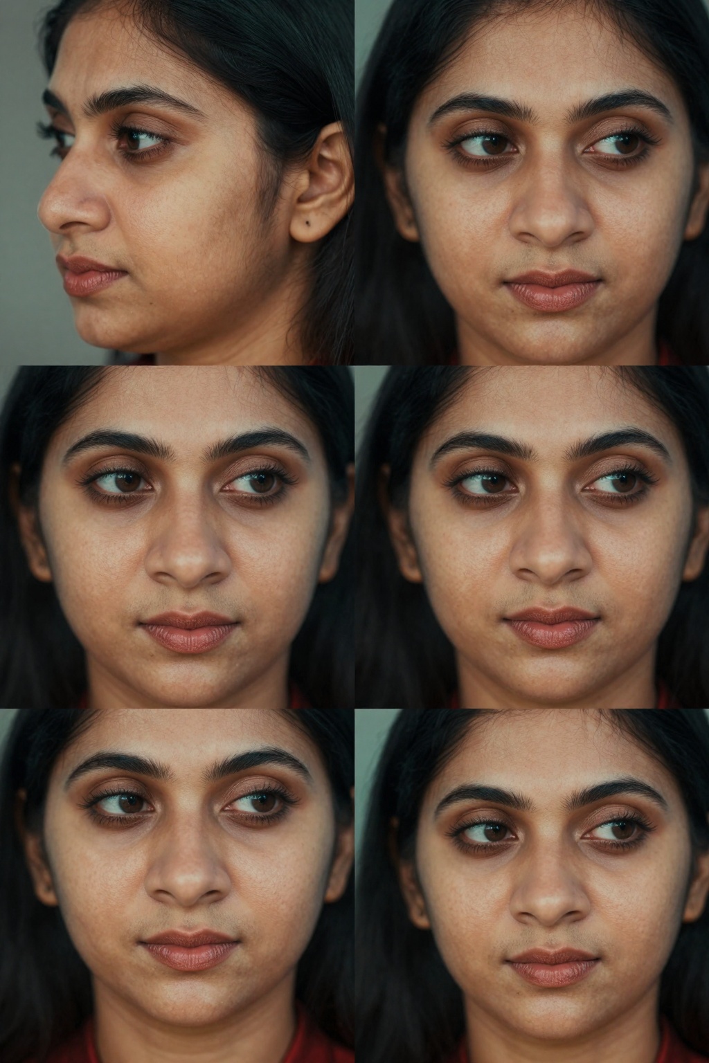 Create four close-up shots of a South Asian woman's face,  focusing on four distinct angles: side,  front on Tensor.Art