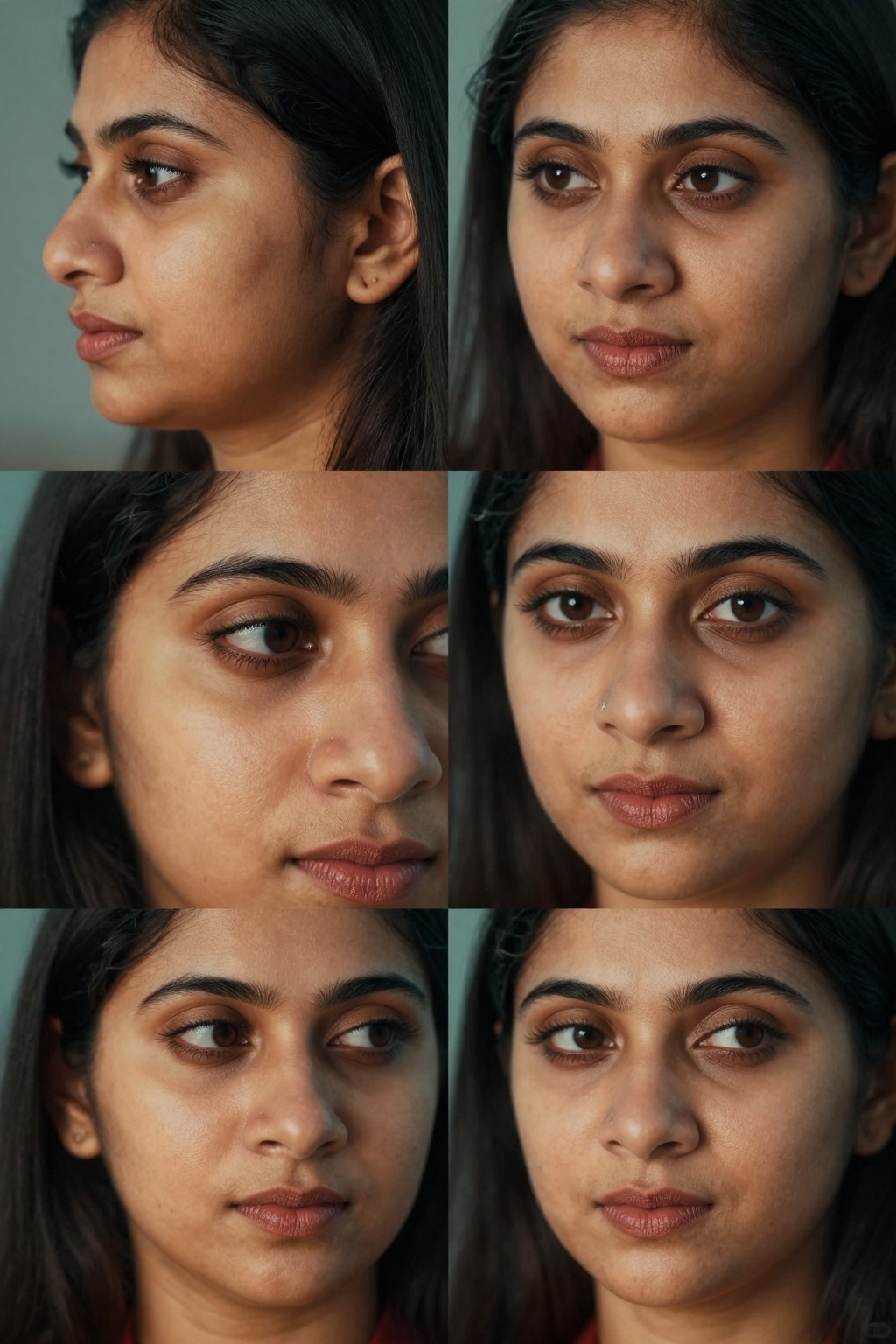 Create four close-up shots of a South Asian woman's face,  focusing on four distinct angles: side,  front on Tensor.Art