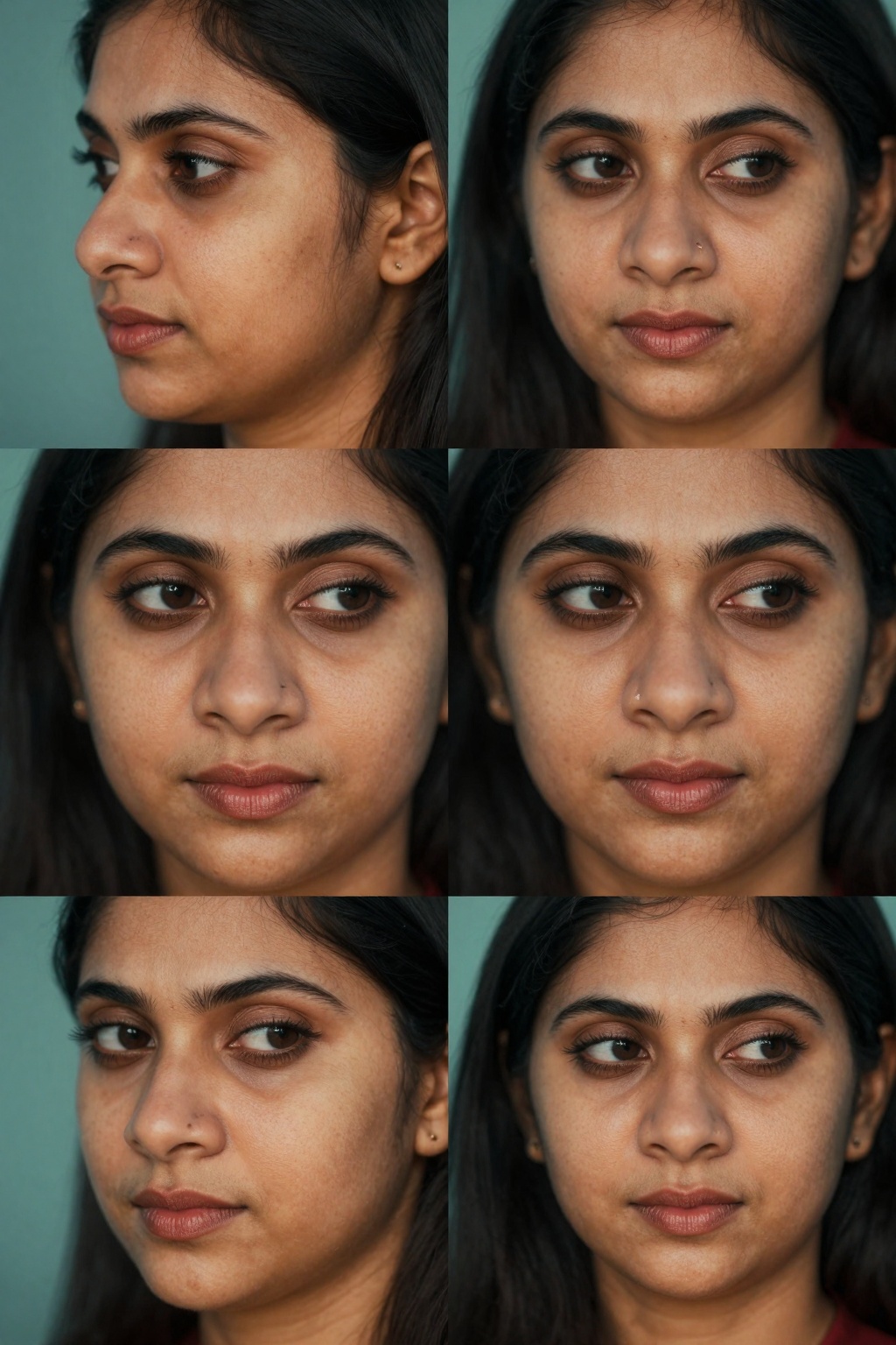 Create four close-up shots of a South Asian woman's face,  focusing on four distinct angles: side,  front on Tensor.Art