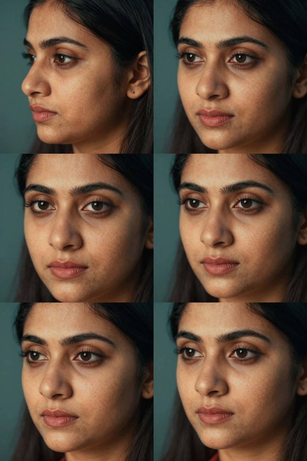 Create four close-up shots of a South Asian woman's face,  focusing on four distinct angles: side,  front on Tensor.Art