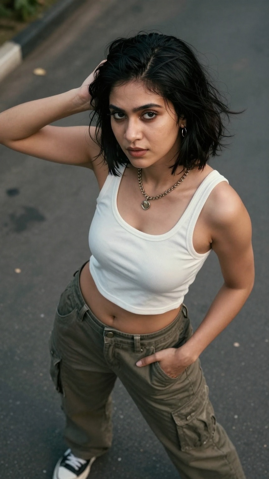 Shot from above,  A kerala model women out side,  Y2K style cinematic realistic scene on Tensor.Art