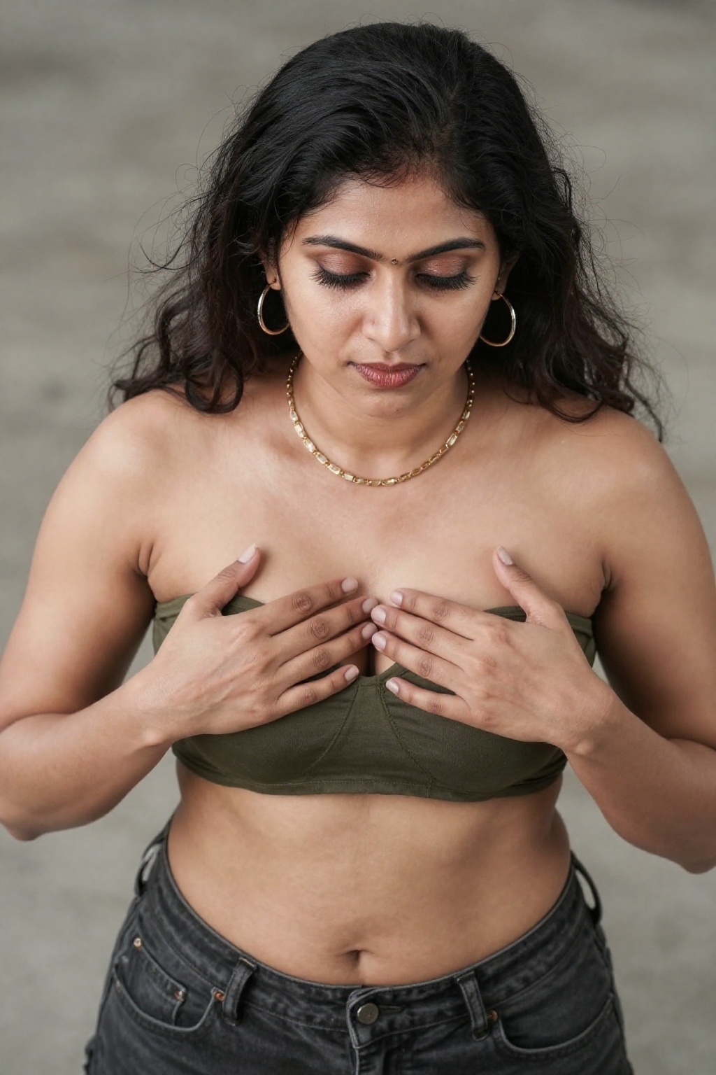 A kerala slut woman,  shot from above,  cover her breasts with her on hands on Tensor.Art