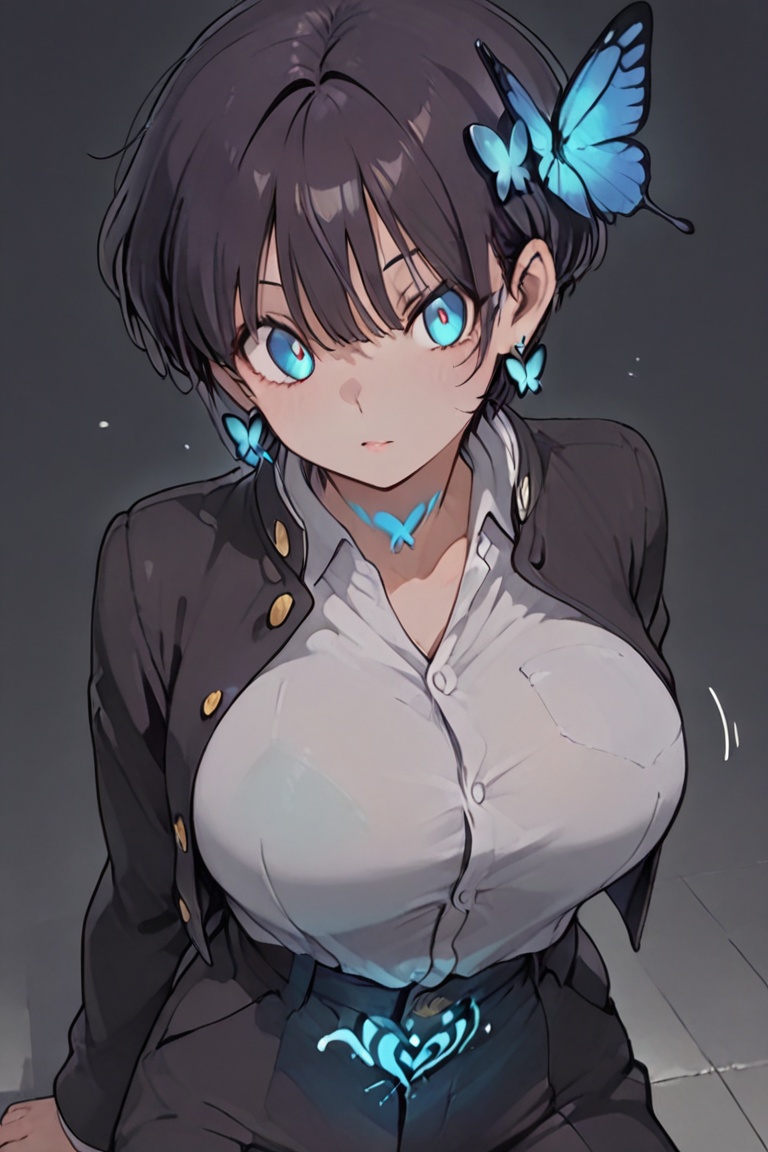 Kiyoka-chan,  blue glowing earrings,  tattoo on clothing boyish on Tensor.Art